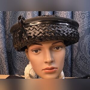 60s Black Formal Straw Hat Vinyl/Faux Leather Black Ribbon Mr. Paul Made In USA